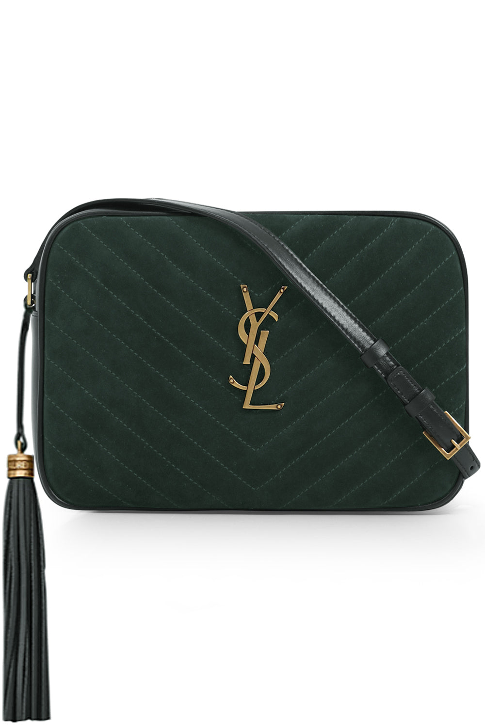 SAINT LAURENT LOU QUILTED CAMERA BAG SUEDE NEW VERT FONCE/GOLD