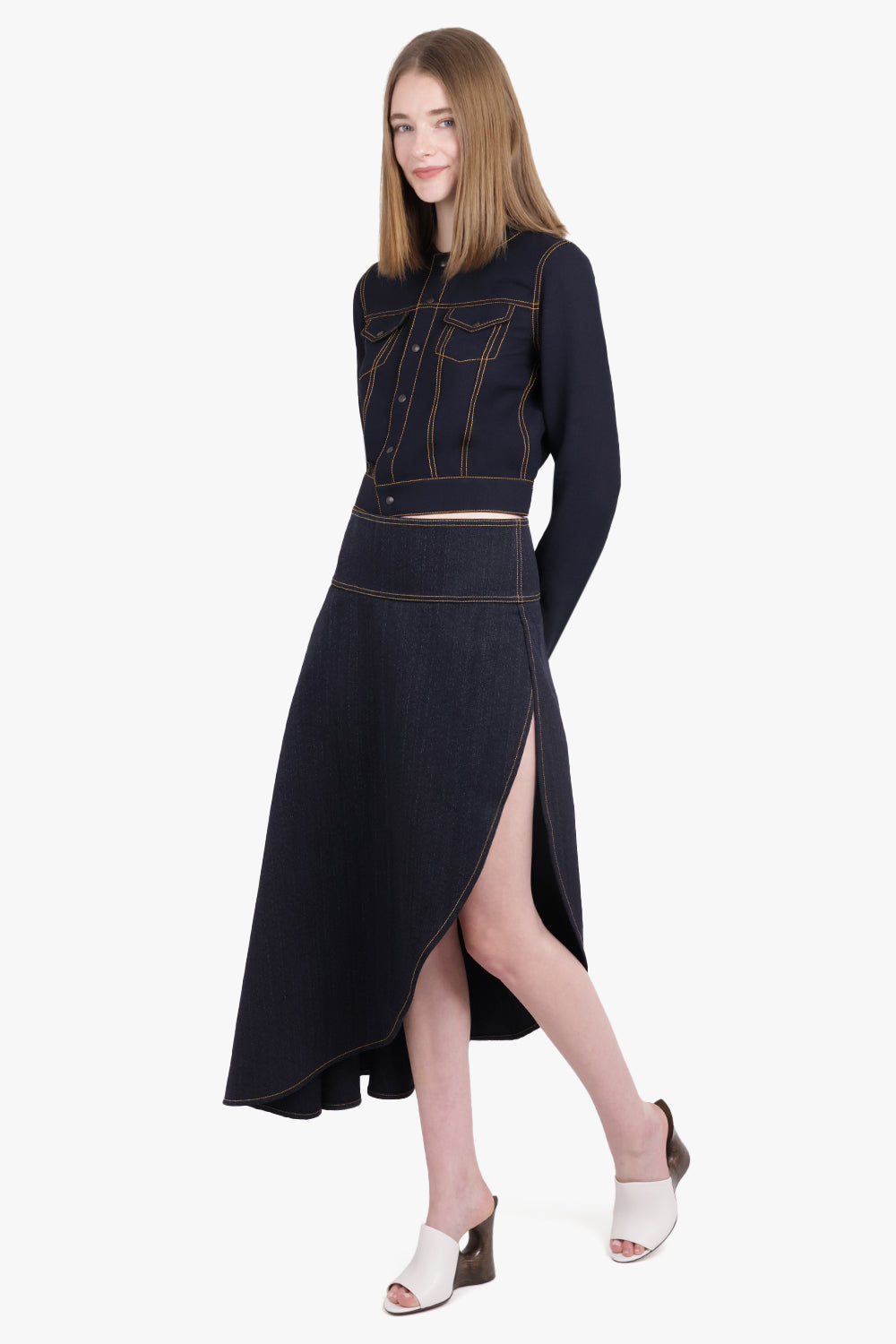 ALAIA RTW Asymmetric Midi Denim Fluid Skirt | Night Blue