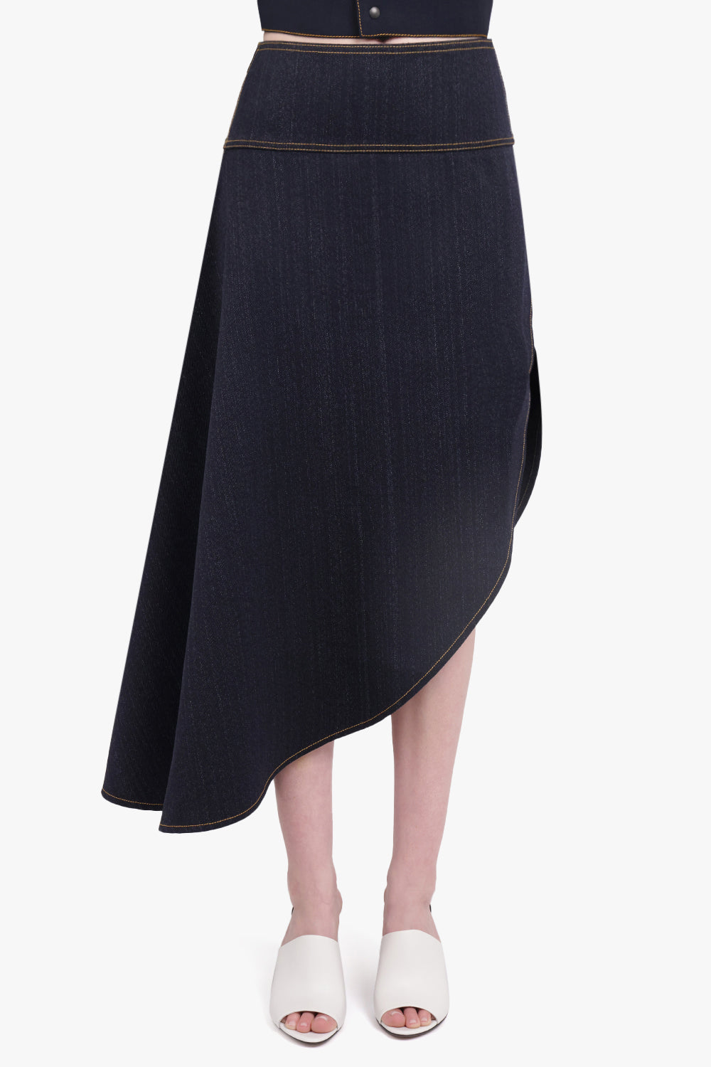 ALAIA RTW Asymmetric Midi Denim Fluid Skirt | Night Blue