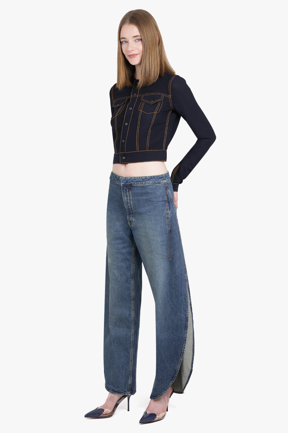 ALAIA RTW Contrast Upstitched Crop Denim Jacket | Blue