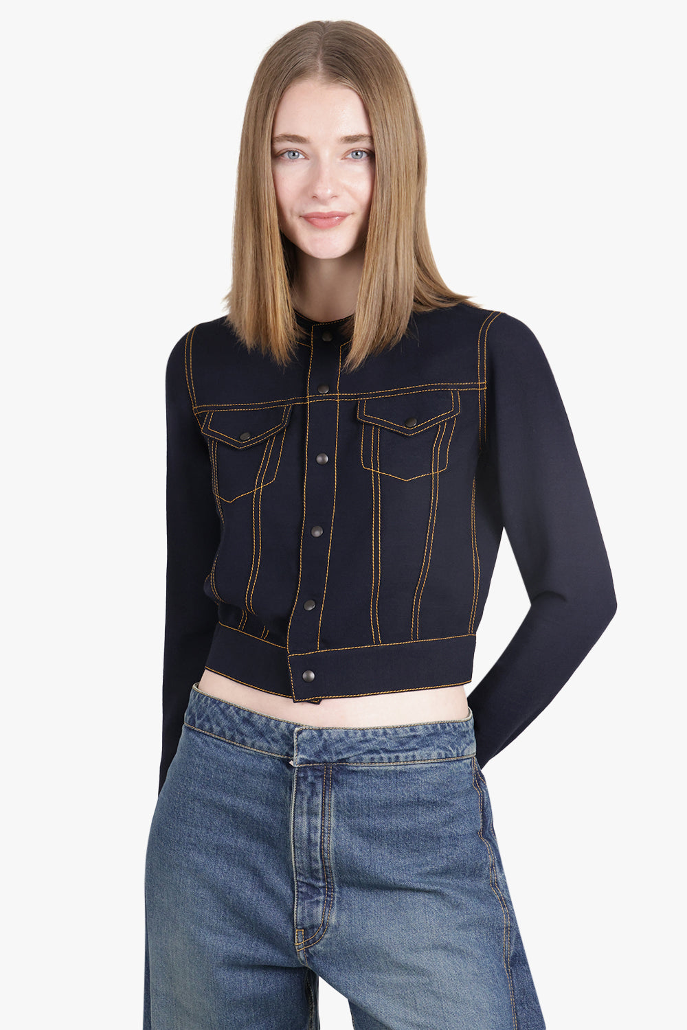 ALAIA RTW Contrast Upstitched Crop Denim Jacket | Blue