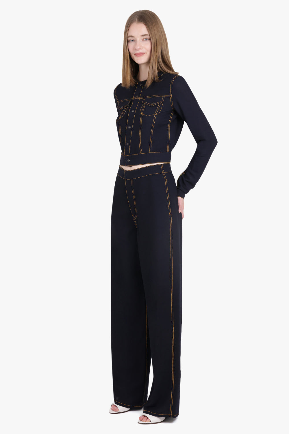 ALAIA RTW Contrast Upstitched Wide Leg Pant | Blue