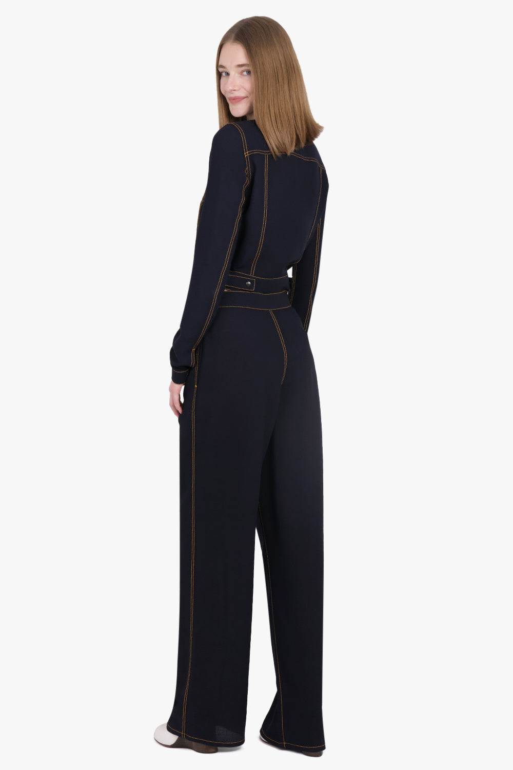 ALAIA RTW Contrast Upstitched Wide Leg Pant | Blue