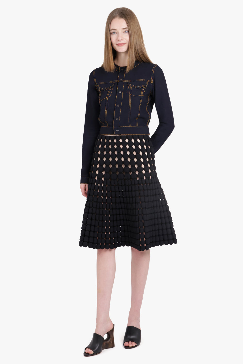 ALAIA RTW Perforated Knee Length Knit Skirt | Black