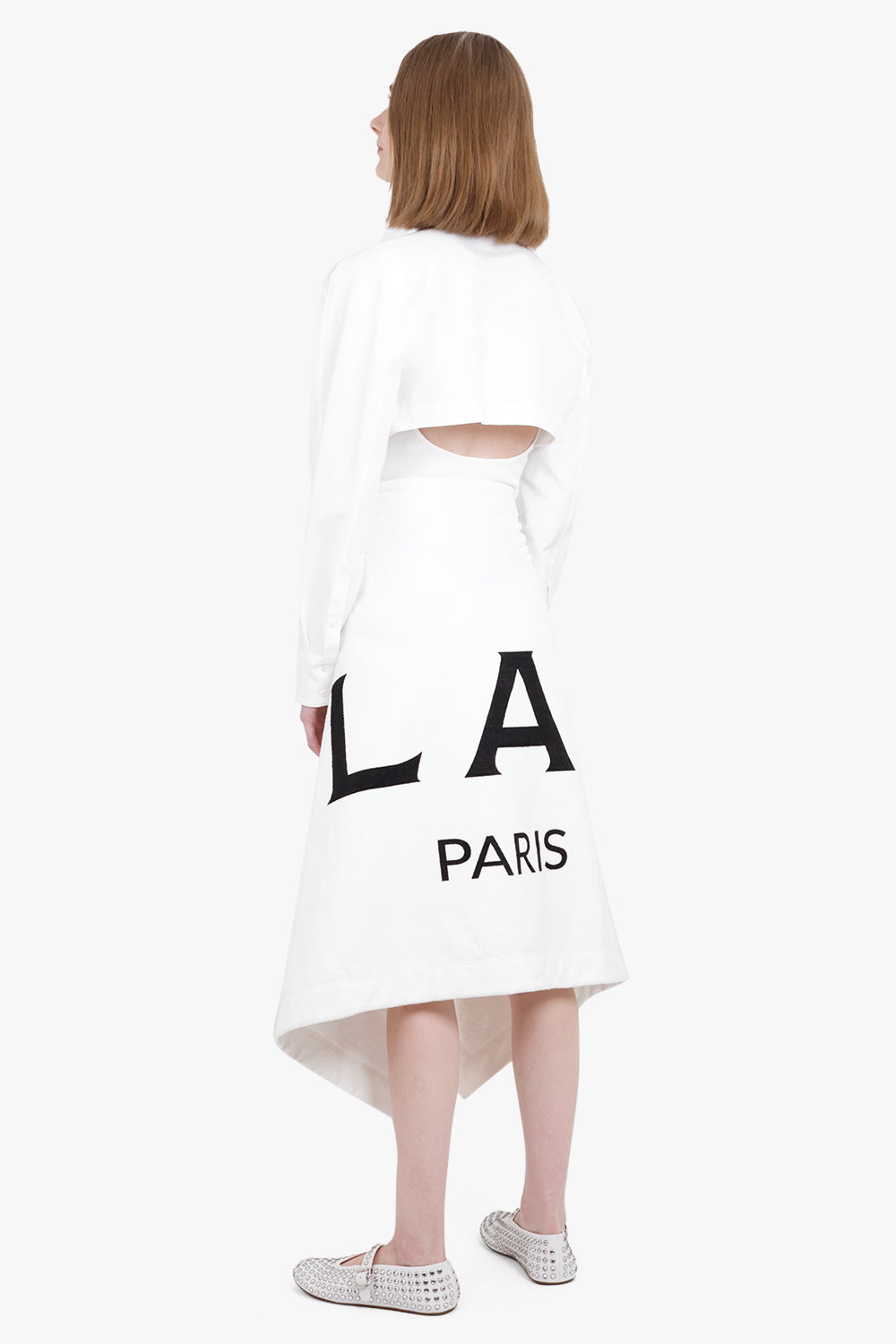 ALAIA RTW Assymetric Midi Alaia Logo Skirt | White