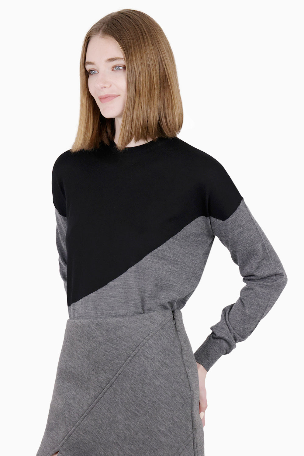 PLAN C RTW Crewneck L/S Contrast Panel Knit | Black/Grey