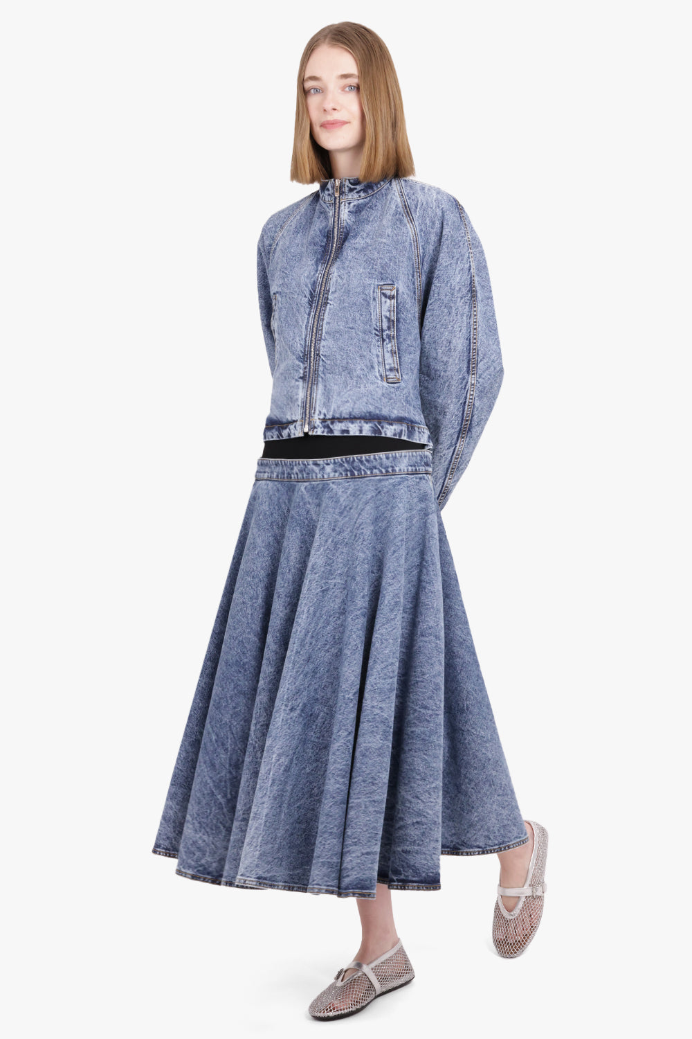 ALAIA RTW Denim High Neck Zip Jacket | Blue Snow