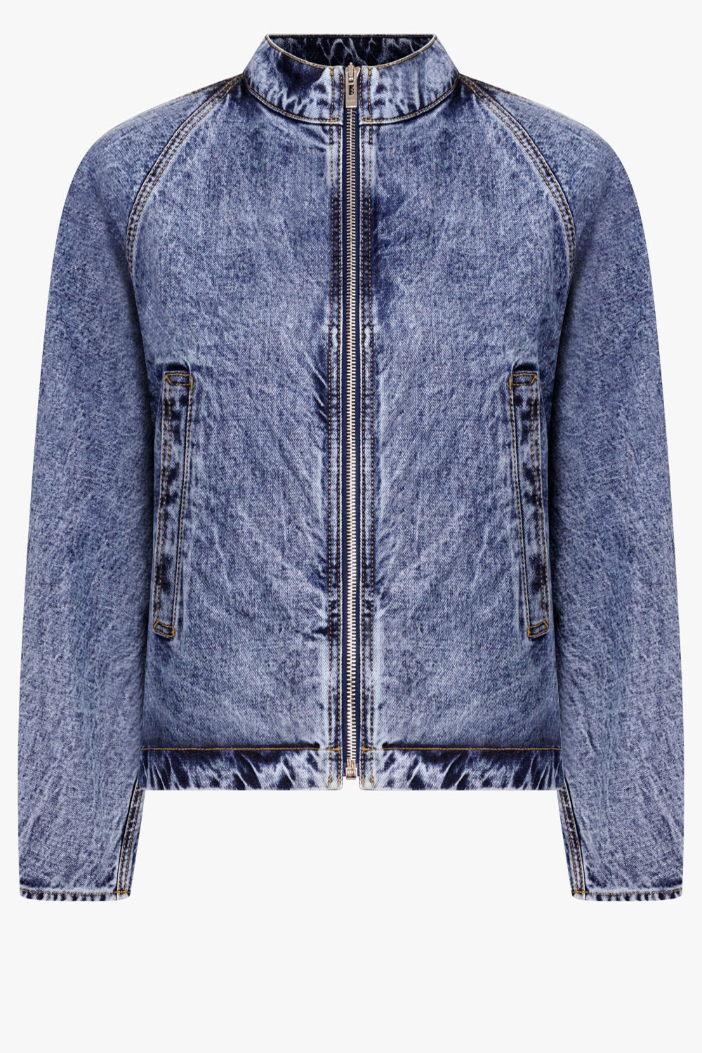 ALAIA RTW Denim High Neck Zip Jacket | Blue Snow