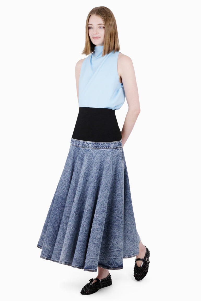 ALAIA RTW Flare Midi Denim Skirt | Blue Snow