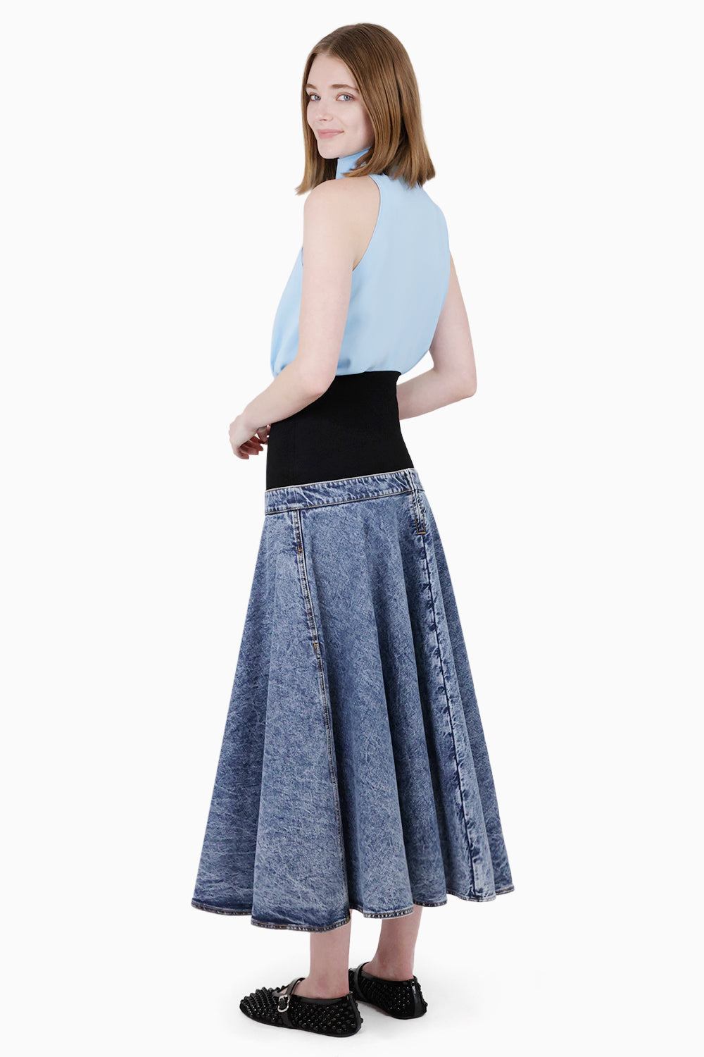 ALAIA RTW Flare Midi Denim Skirt | Blue Snow