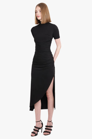 ALAIA RTW High Neck S/S Side Slit Draped Gown | Black