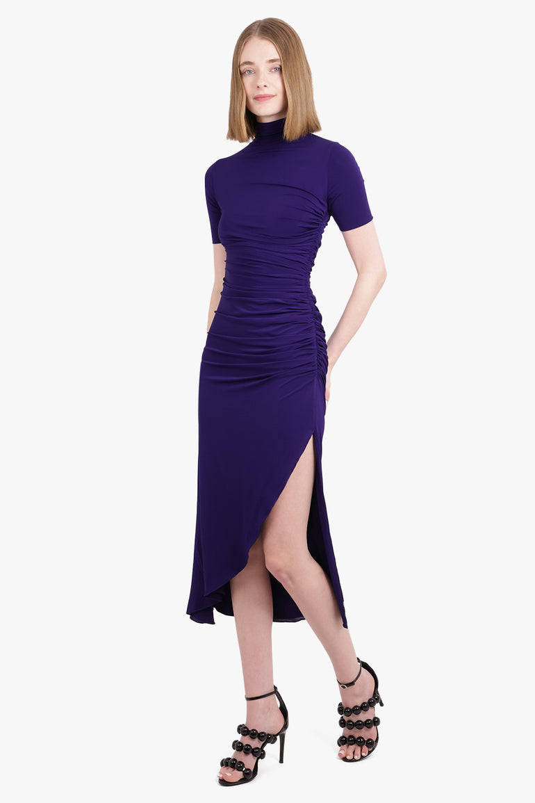 ALAIA RTW High Neck S/S Side Slit Draped Gown | Purple