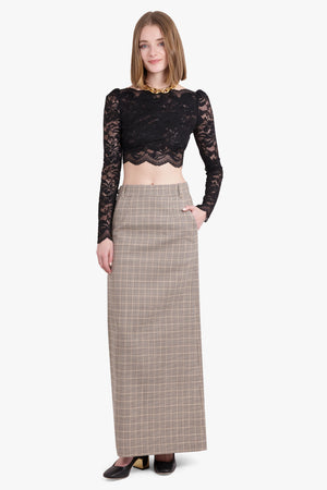 Check Print Straight Maxi Skirt | Beige