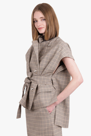 Tie Front S/S Asymmetric Check Print Jacket | Beige