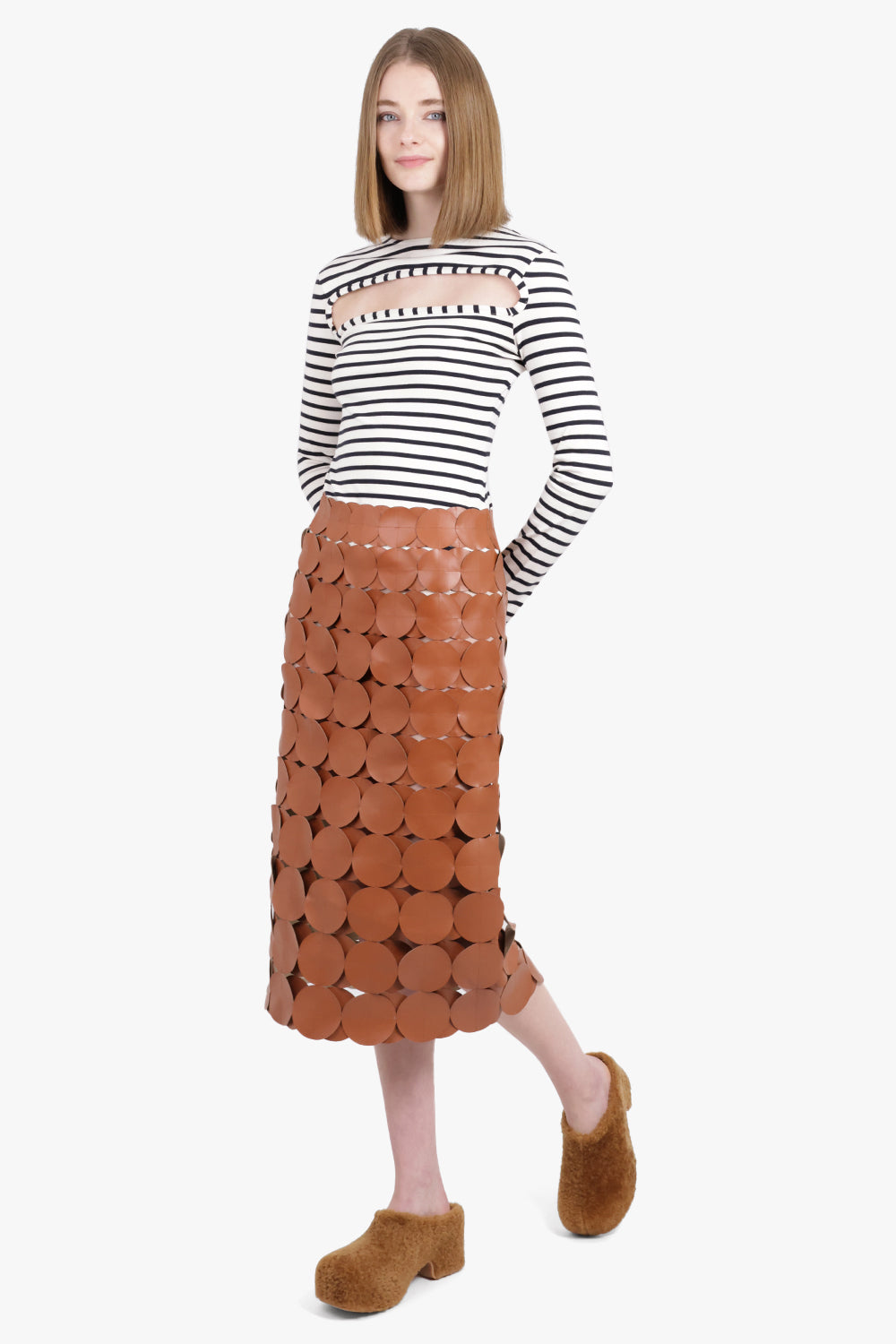 AWAKE MODE RTW Multi Circle Leather Midi Skirt | Brick Brown