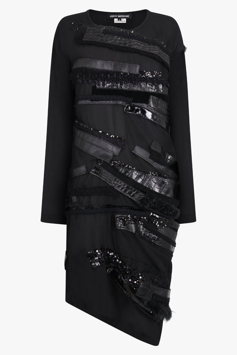 JUNYA WATANABE RTW Asymmetric L/S Midi Dress with Leather x Sequin Panels | Black