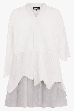 BLACK COMME DES GARÇONS RTW Asymmetric Hem S/S Cardigan with Sparkle Tulle Underlay | White/Silver