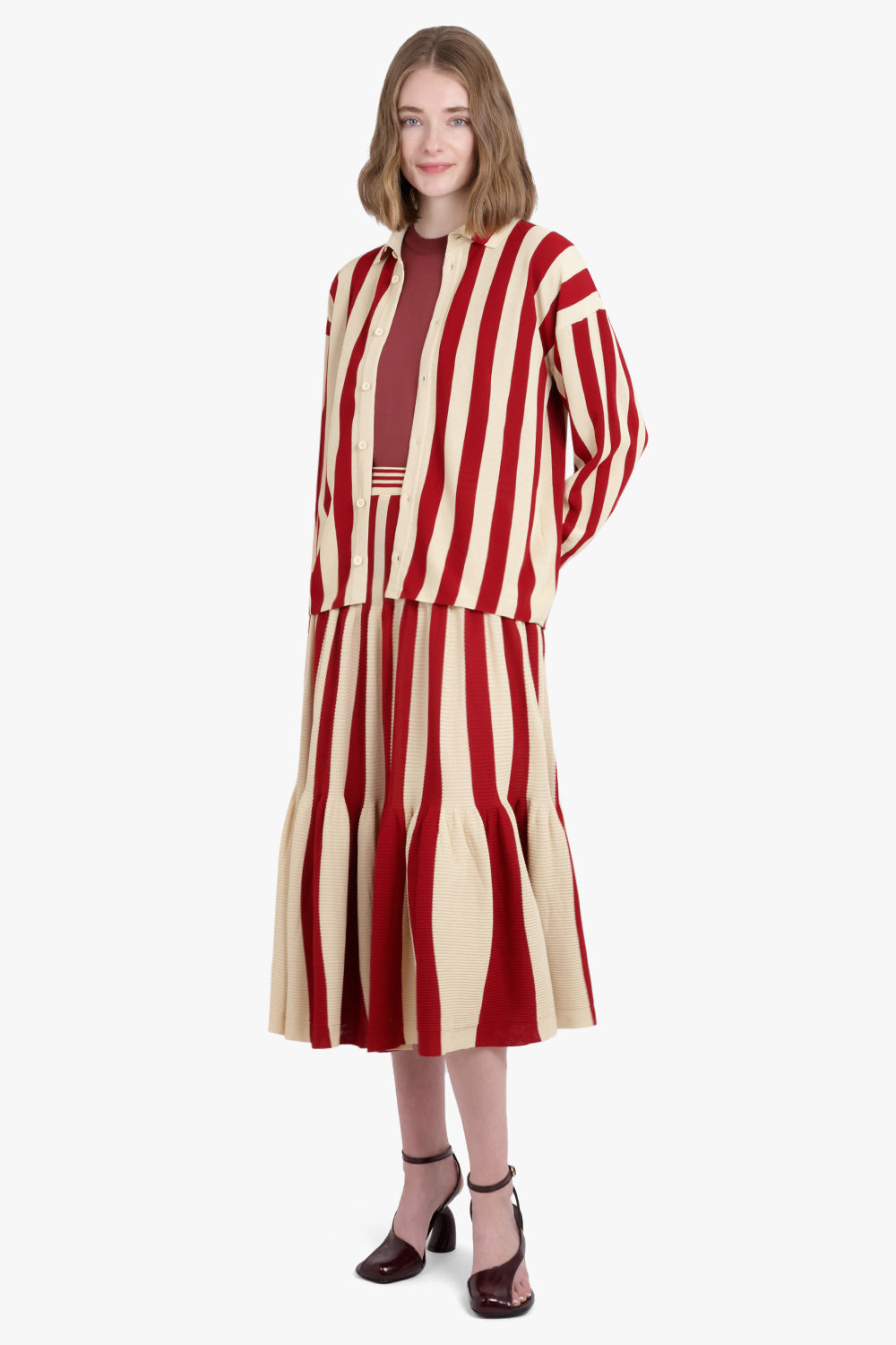 CFCL RTW Cascades Stripe L/S Oversized Shirt | Red/Beige