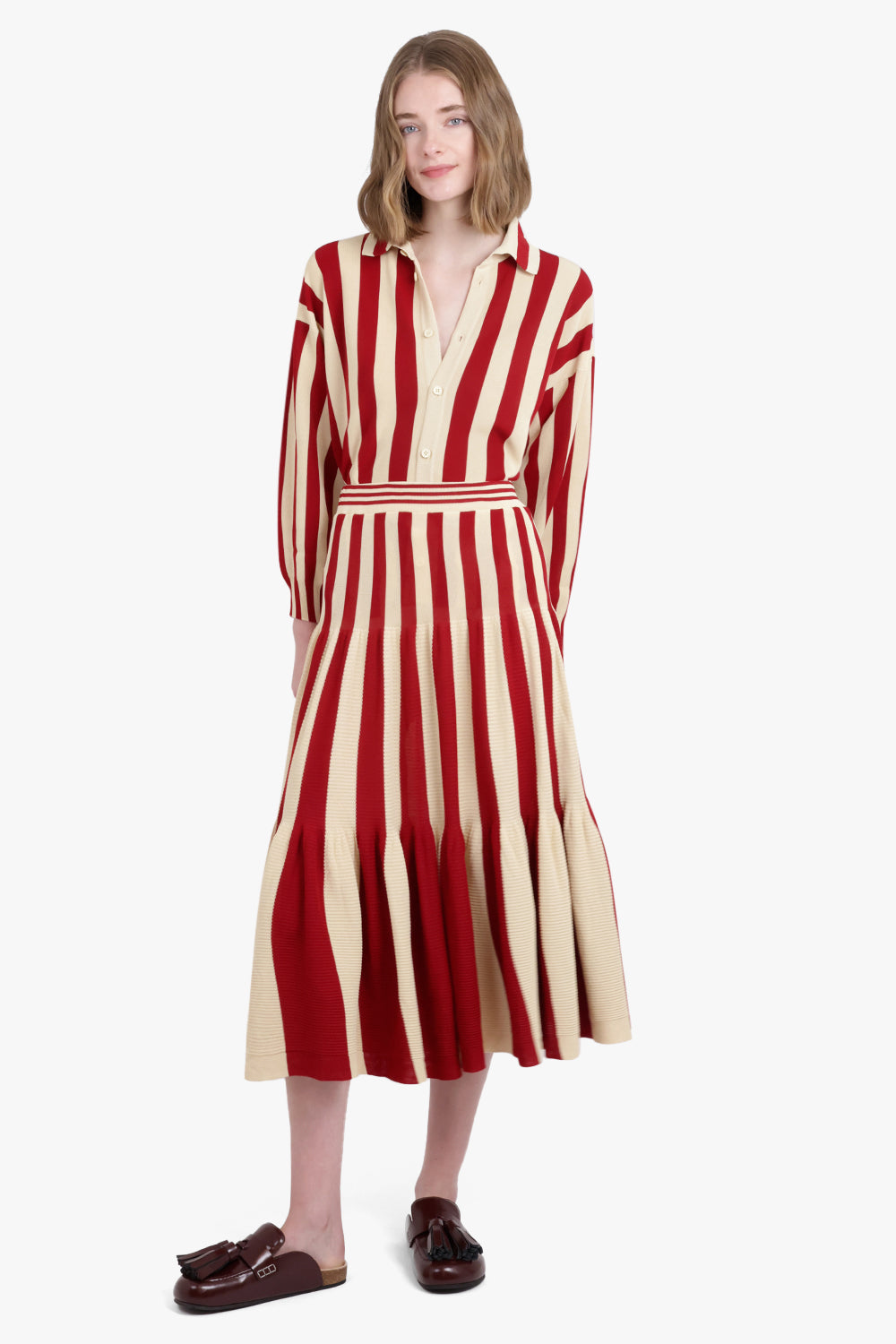 CFCL RTW Cascades Stripe L/S Oversized Shirt | Red/Beige