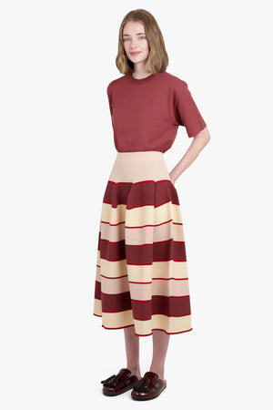 CFCL RTW Flared Stripe Midi Skirt | Red/Beige/Pink