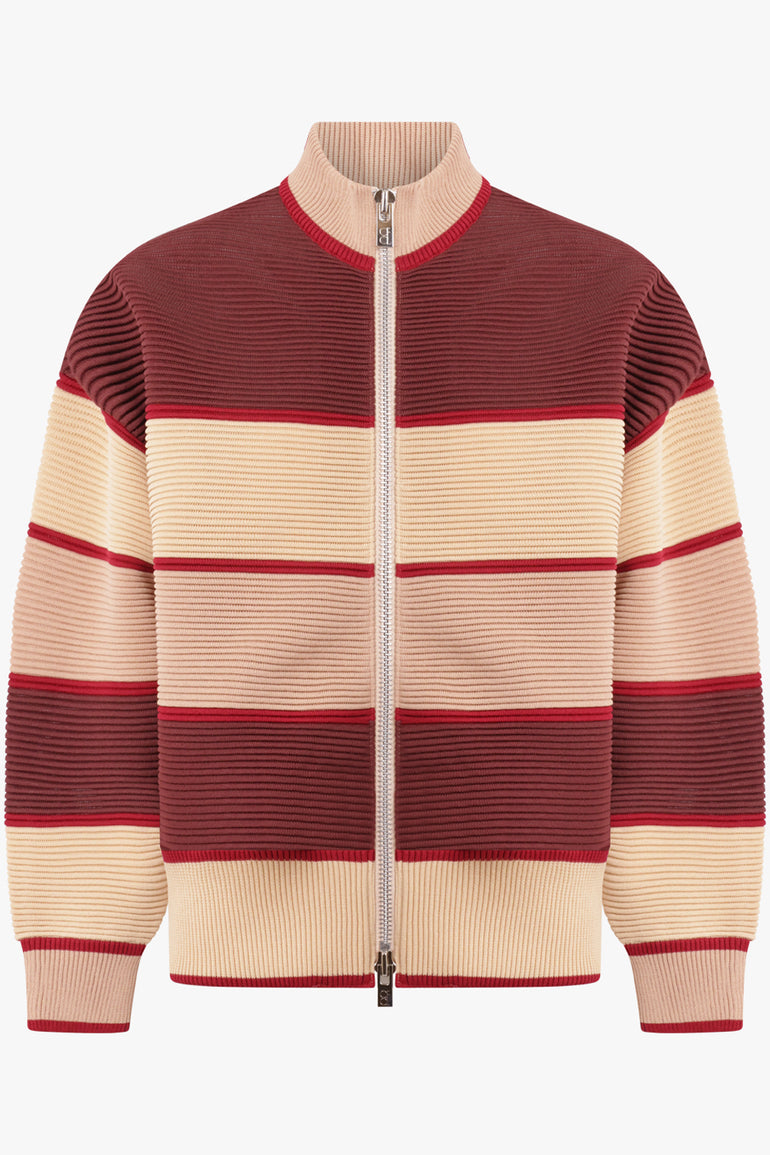 CFCL RTW Zip Up Stripe Bomber Jacket | Red/Beige/Pink