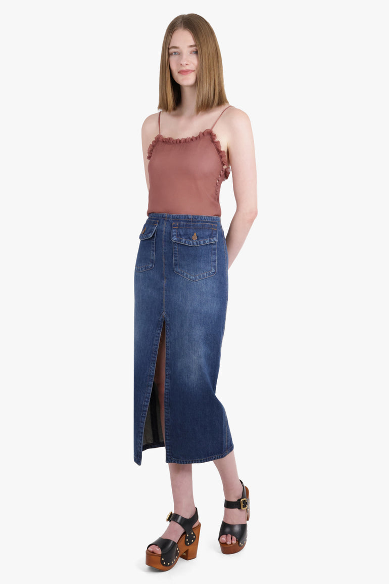 CHLOE RTW Slit Detail Denim Maxi Skirt | Night Blue