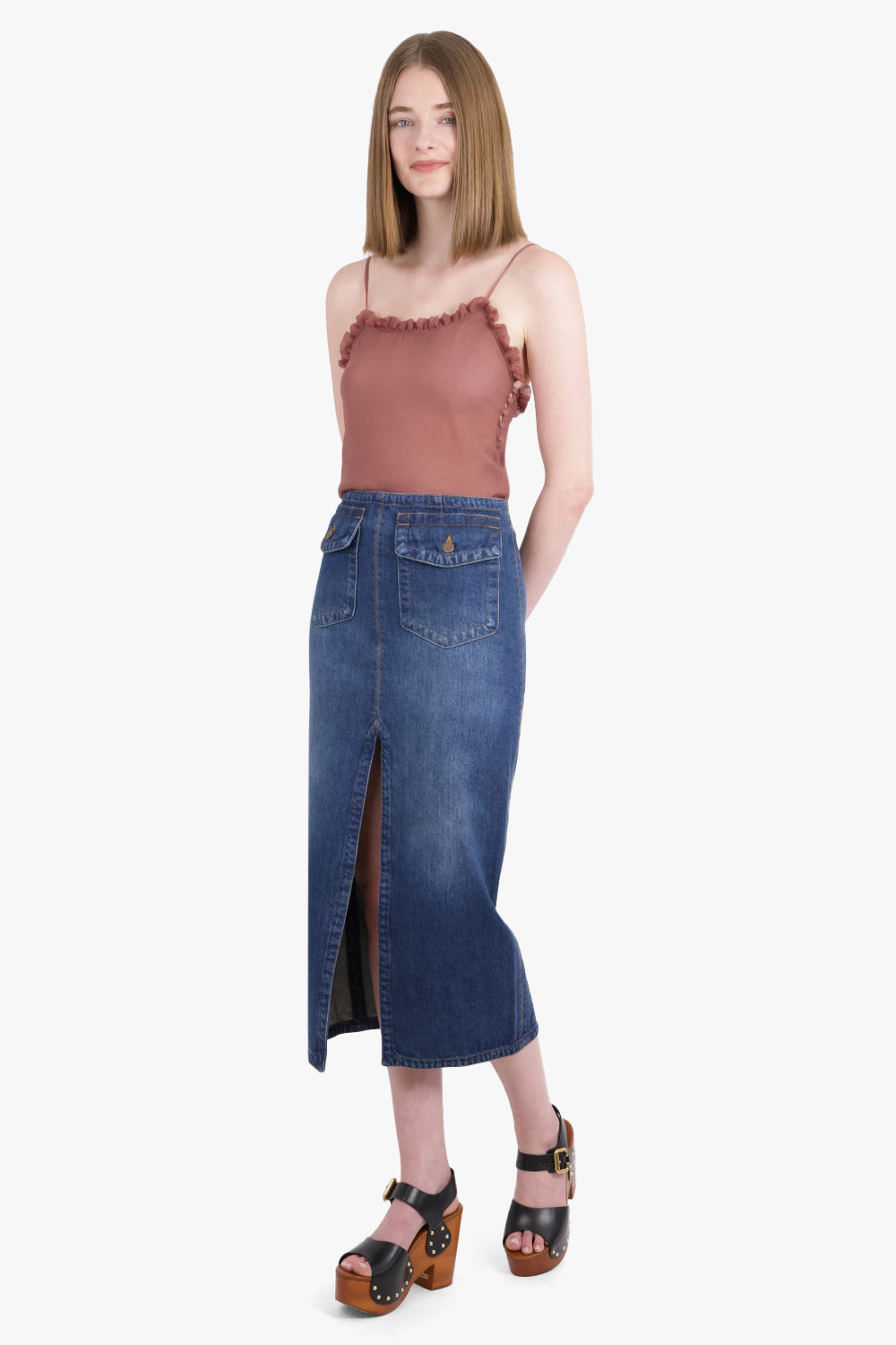 CHLOE RTW Slit Detail Denim Maxi Skirt | Night Blue