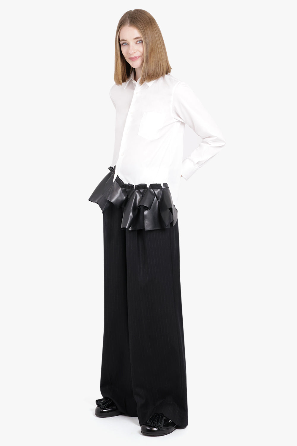 JUNYA WATANABE RTW Pin Stripe Wide Leg Pleat Front Pant | Black/Grey