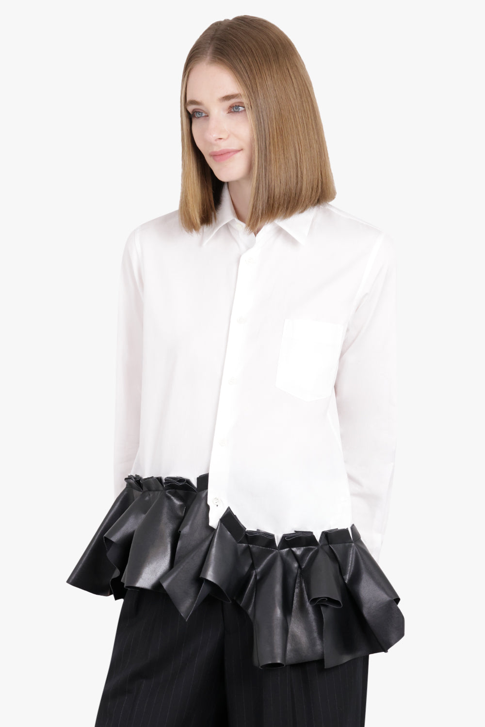 Asymmetric L S Shirt with Contrast Ruffle Detail White Black Parlour X