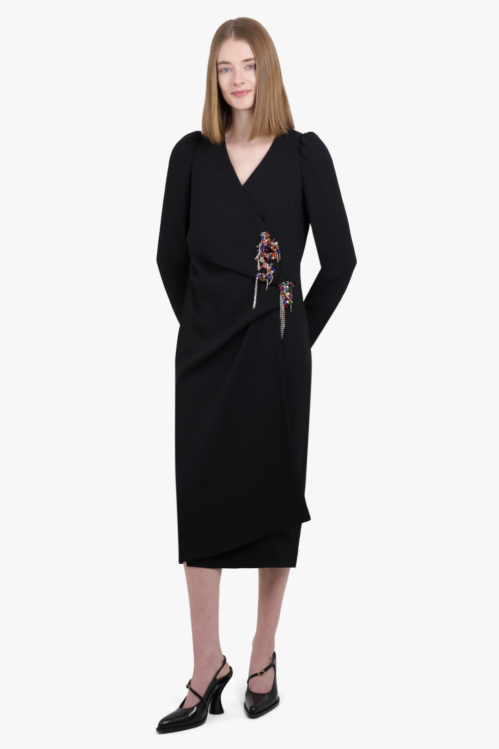 DRIES VAN NOTEN RTW Dapan Embellished Crossover L/S Midi Dress | Black