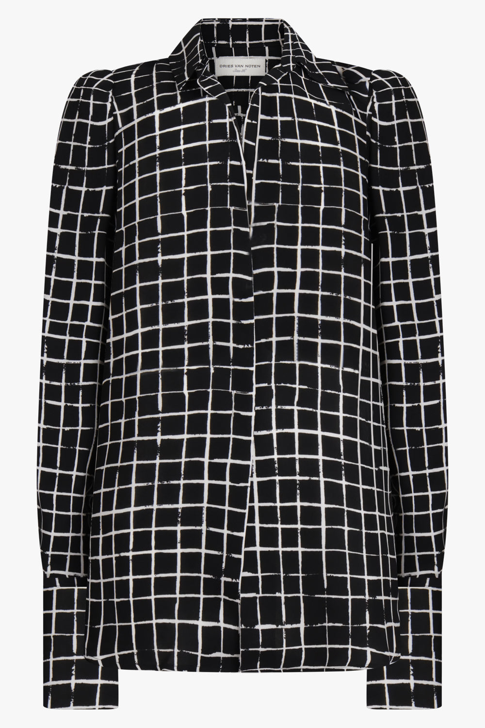 DRIES VAN NOTEN RTW Celindra Check Print L/S Shoulder Detail Shirt | Black/White