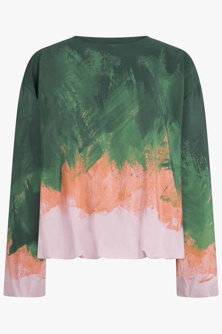 DRIES VAN NOTEN RTW Capo Abstract Print L/S Top | Green/Pink/Orange