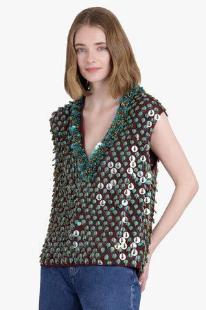 DRIES VAN NOTEN RTW Sequin Textured Sleeveless Vest | Wine