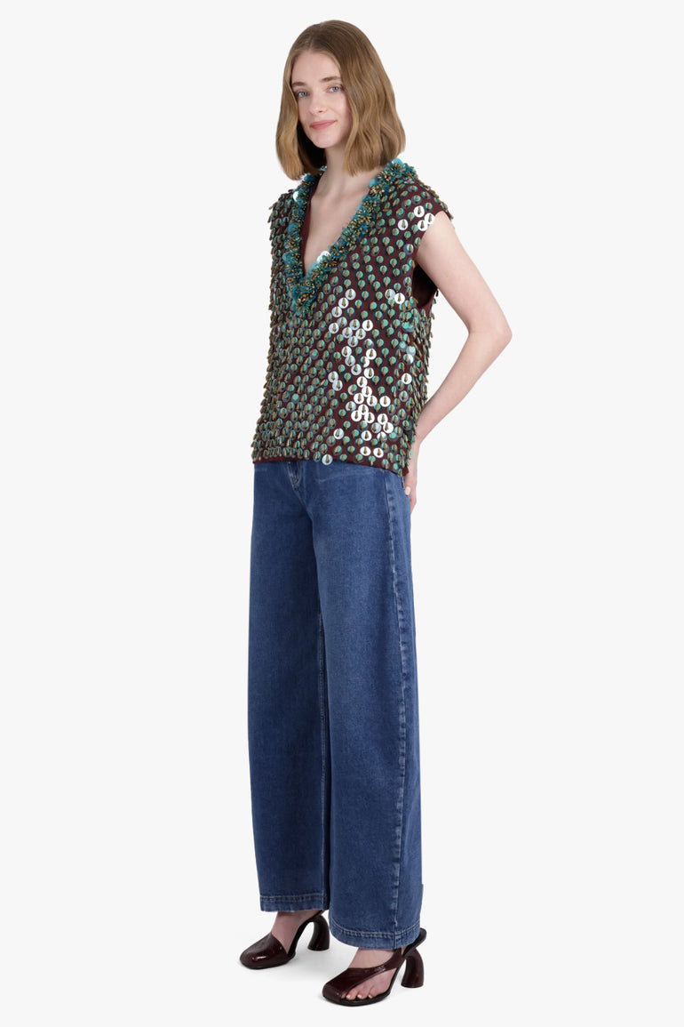 DRIES VAN NOTEN RTW Sequin Textured Sleeveless Vest | Wine