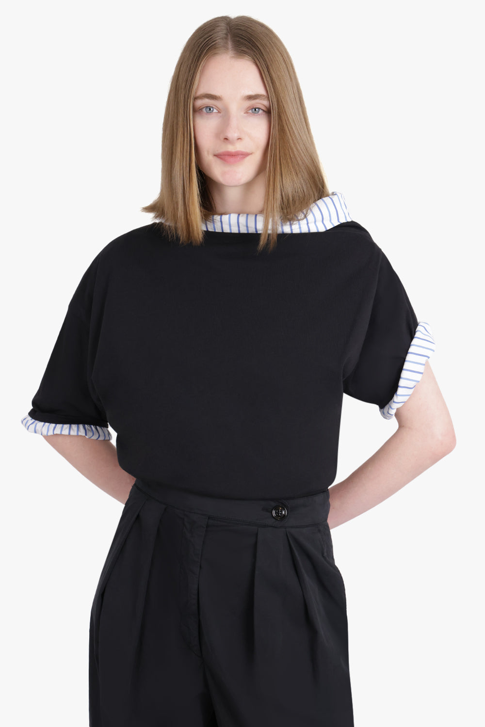 DRIES VAN NOTEN RTW Stripe Asymmetric Neck Shirt Detail Top | Black