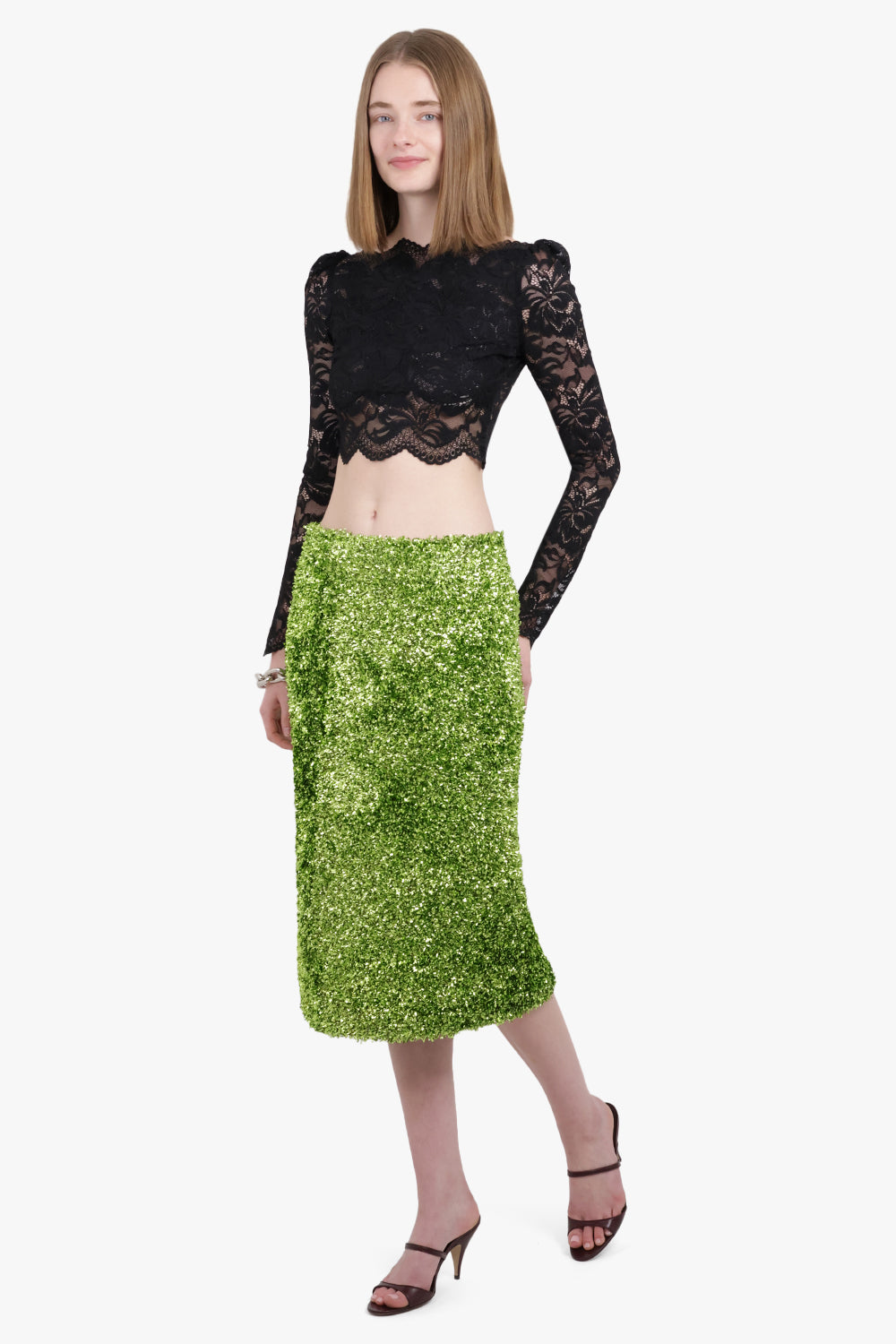 DRIES VAN NOTEN RTW Temple Tinsel Straight Midi Skirt | Green