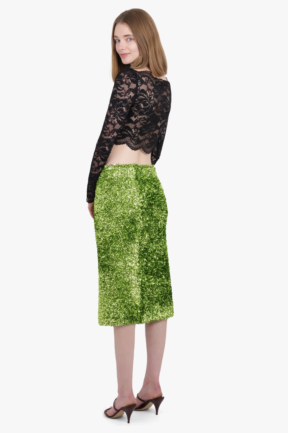 DRIES VAN NOTEN RTW Temple Tinsel Straight Midi Skirt | Green