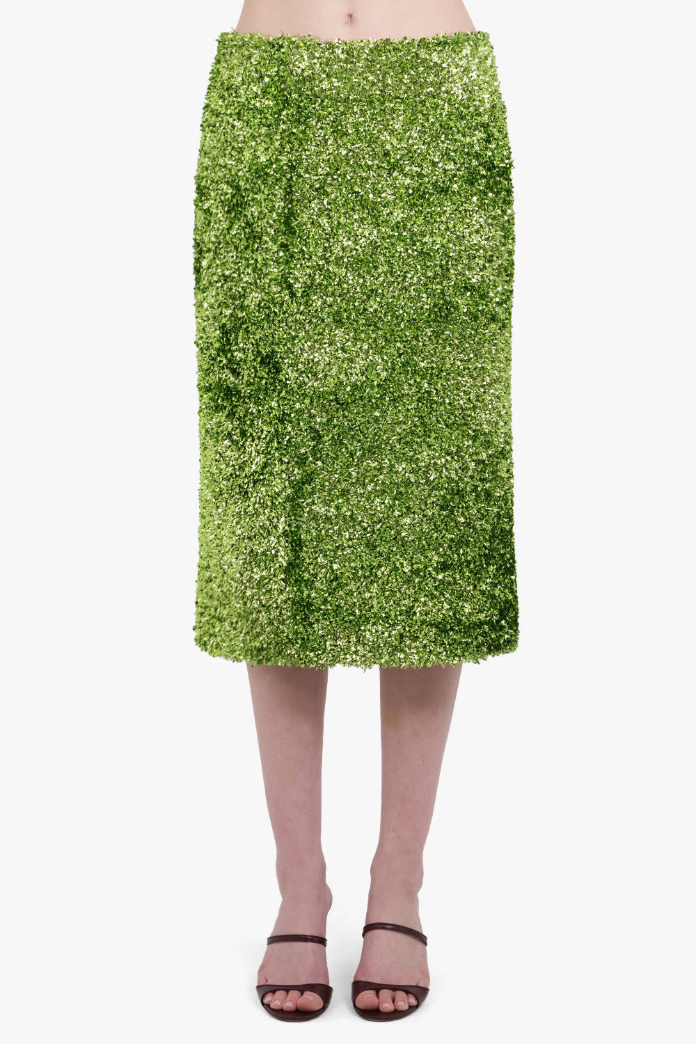 DRIES VAN NOTEN RTW Temple Tinsel Straight Midi Skirt | Green