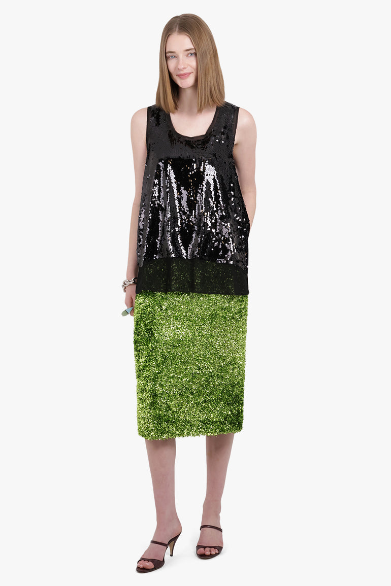 DRIES VAN NOTEN RTW Temple Tinsel Straight Midi Skirt | Green