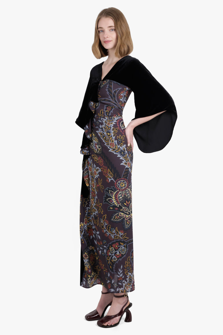 ETRO RTW Kimono Style Draped Velvet Contrast Floral Print Midi Dress | Black/Multi