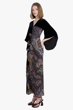 Kimono Style Draped Velvet Contrast Floral Print Midi Dress | Black/Multi