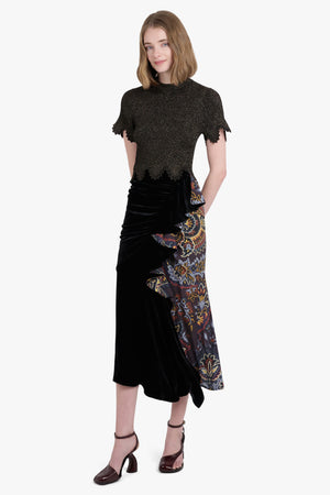 ETRO RTW Draped Velvet Contrast Floral Print Midi Skirt | Black/Multi