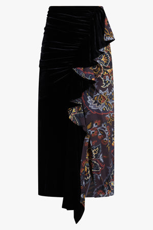 Draped Velvet Contrast Floral Print Midi Skirt | Black/Multi