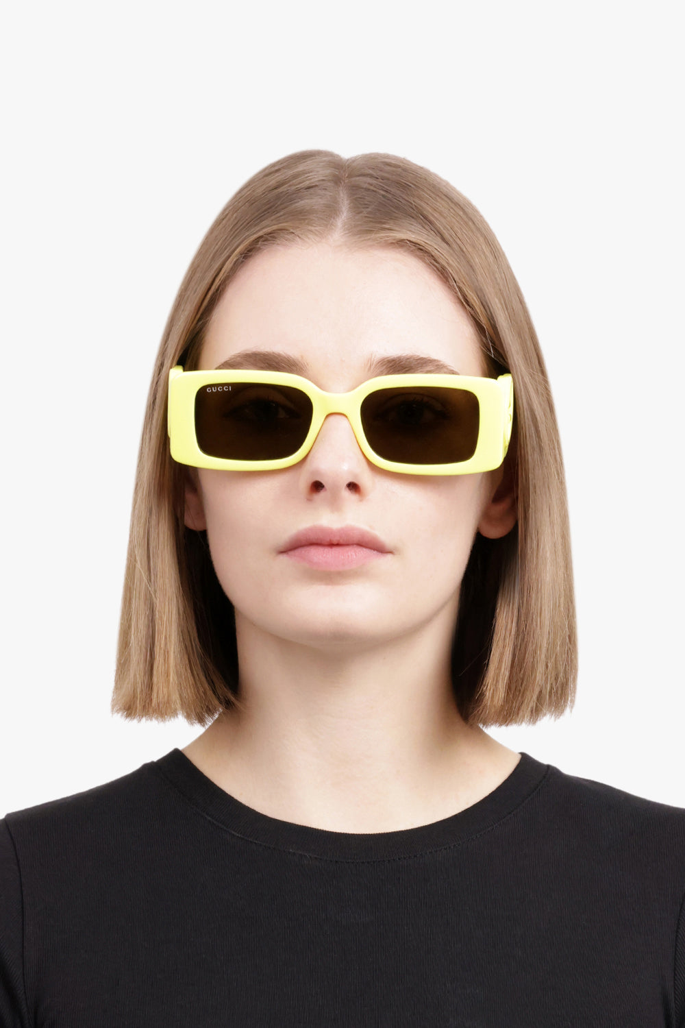 GUCCI ACCESSORIES YELLOW / YELLOW GG1325S 54 Rectangle Frame Side Logo Sunglasses | Yellow