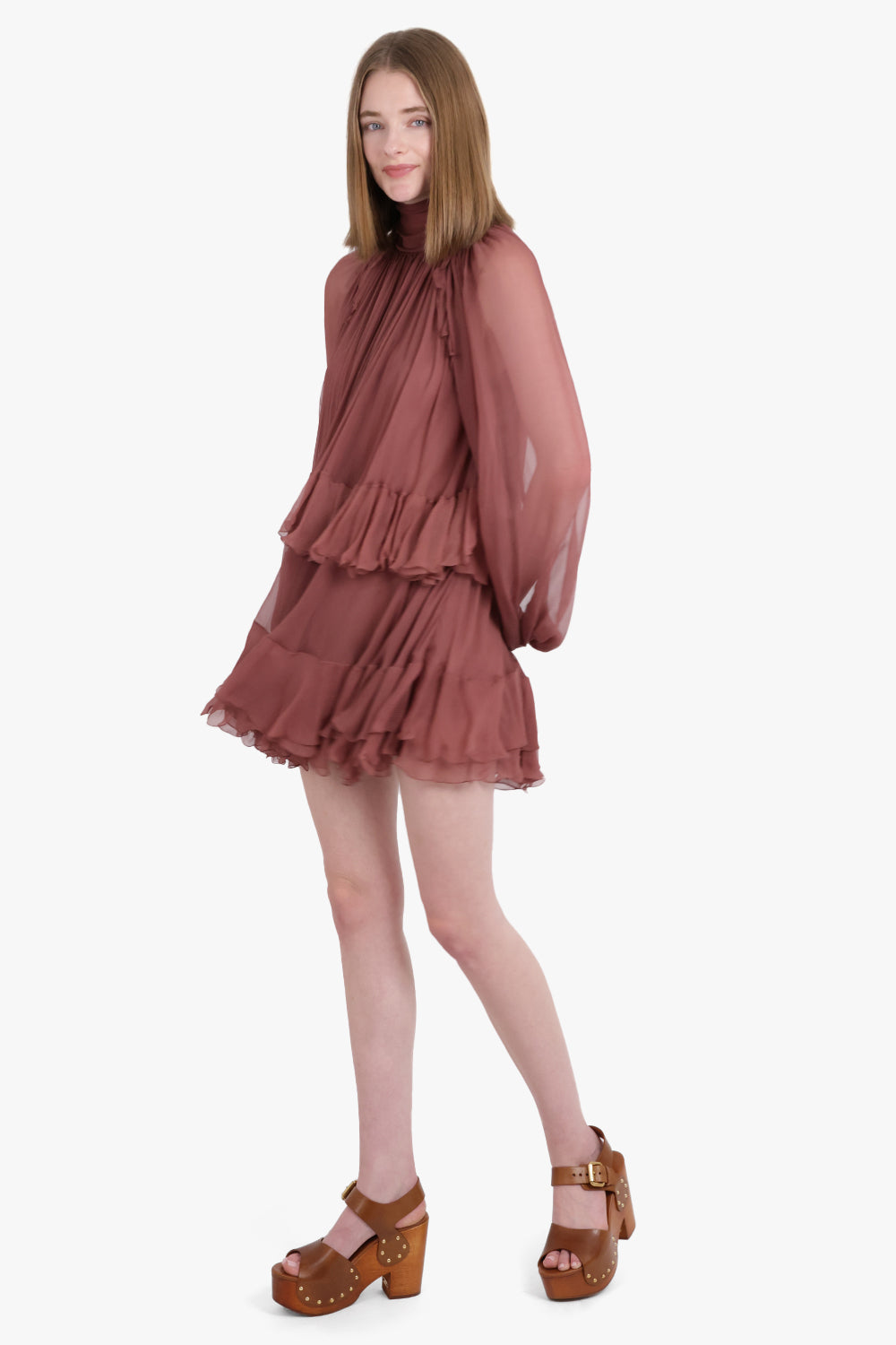 CHLOE RTW High neck L/S Ruffle Detail Mini Dress | Woodrose Pink