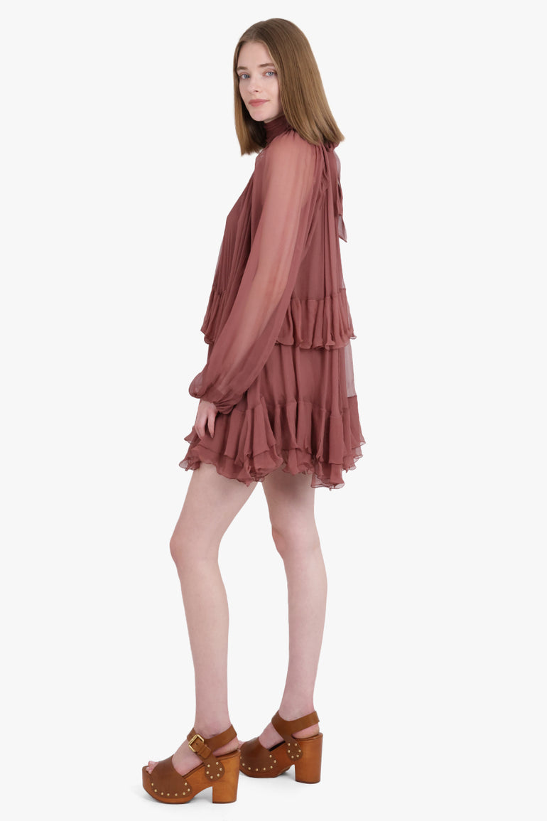 CHLOE RTW High neck L/S Ruffle Detail Mini Dress | Woodrose Pink