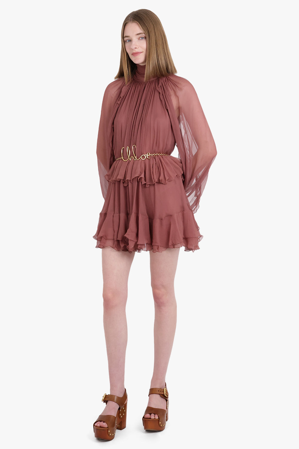 CHLOE RTW High neck L/S Ruffle Detail Mini Dress | Woodrose Pink