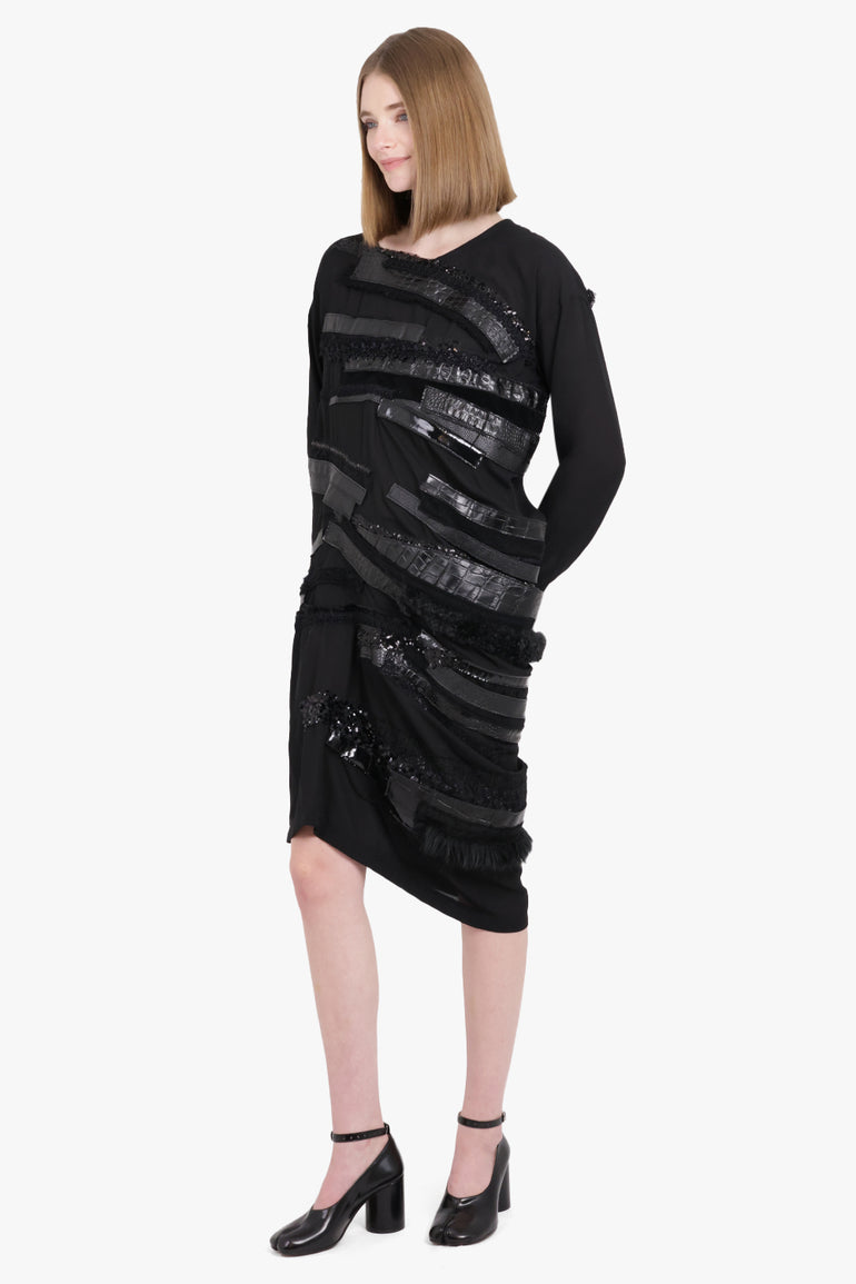 JUNYA WATANABE RTW Asymmetric L/S Midi Dress with Leather x Sequin Panels | Black