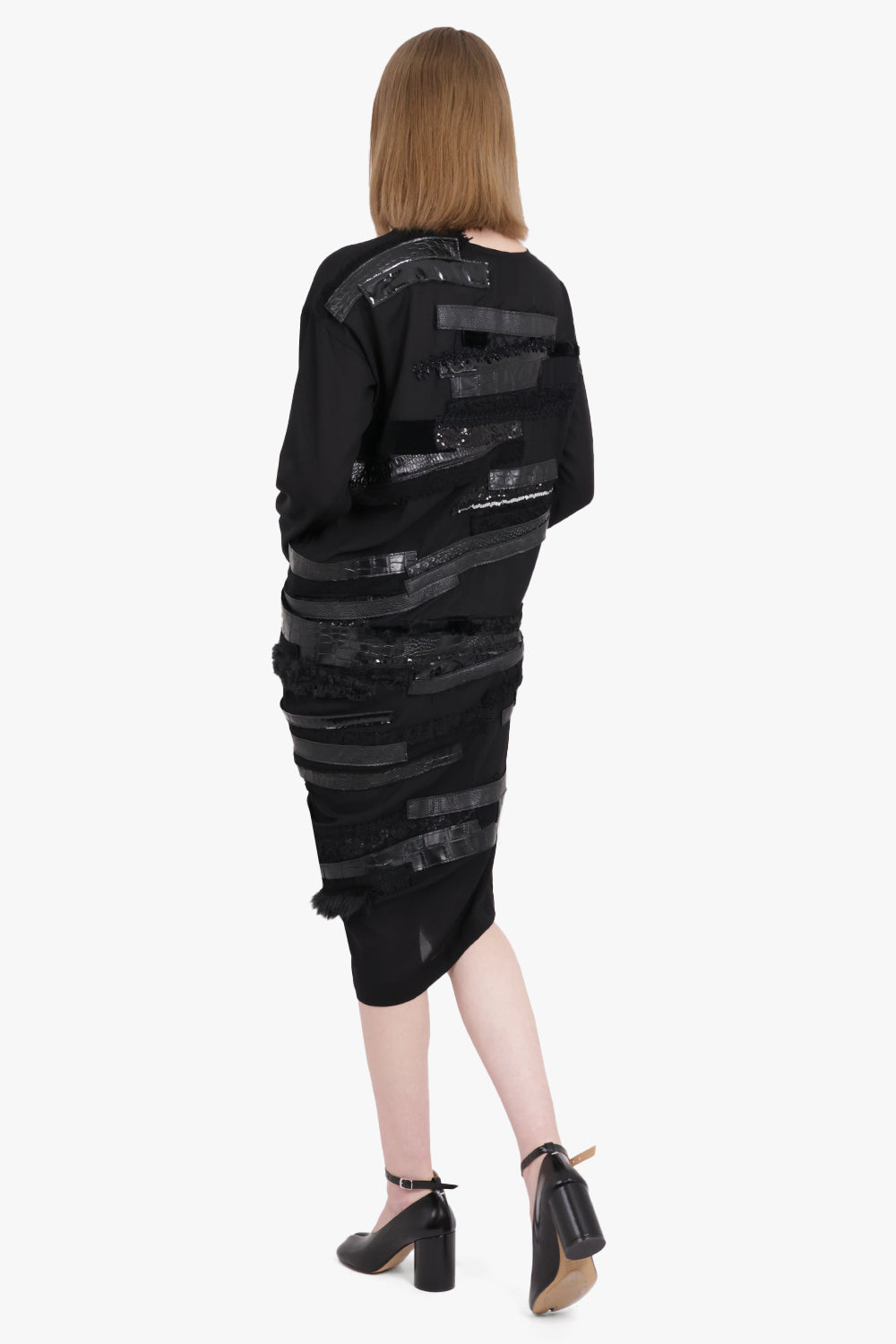 JUNYA WATANABE RTW Asymmetric L/S Midi Dress with Leather x Sequin Panels | Black