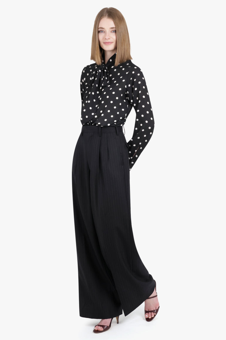 NINA RICCI RTW Polka Dot Print L/S Tie Neck Blouse | Black/White